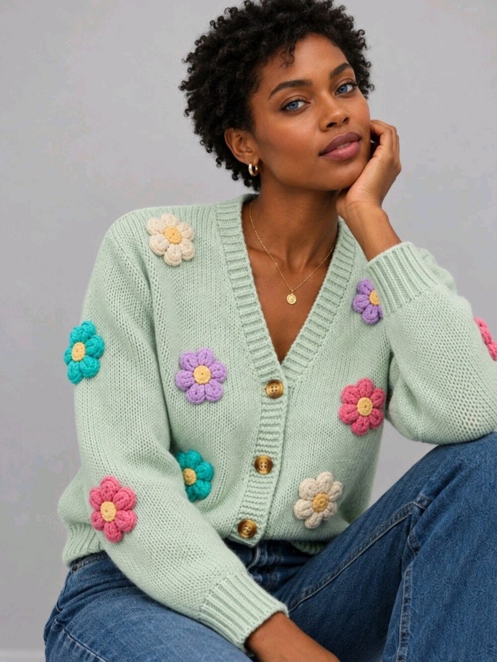 Anthropologie Luna Ivy Cardigan Sweater Women S Green Chunky 3D Knit Floral Crop